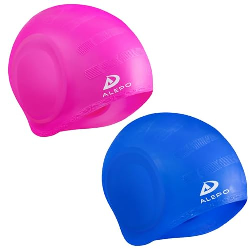 Confezione da 2 cuffie da nuoto unisex con protezione per le orecchie 3D, in silicone flessibile e resistente, per donne, uomini, bambini, adulti, cuffie da nuoto per capelli corti e lunghi, con tappi