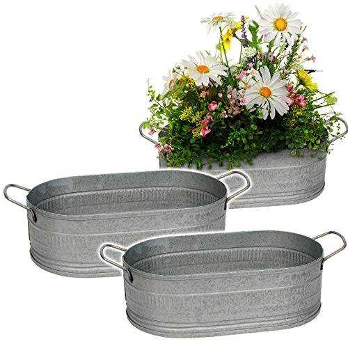 alles-meine.de GmbH 3 Stück Design - Blumentöpfe/Pflanzkübel/Pflanzschale - Metall - metallic grau/anthrazit - OVAL - 28 cm - frostsicher - MITTEL groß - mit Henkel - Eim..