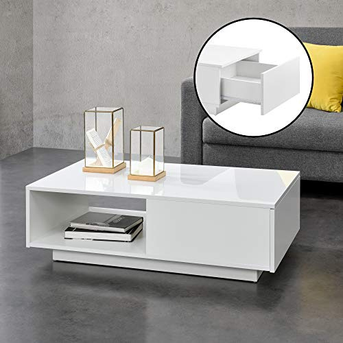 [en.casa] Table Basse de Salon Élégante Stylée avec Tiroir et Compartiment de Rangement 95 x 55 x 31 cm Panneau de Particules Mélaminé de 15 mm Blanc Brillant