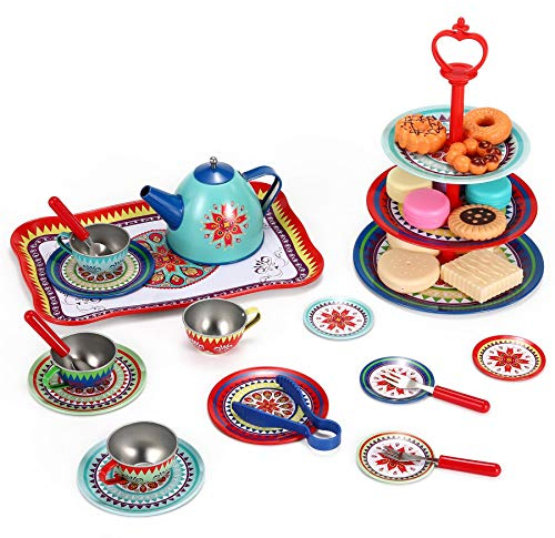 SOKA Play Imagine Learn Vintage Style Afternoon Metal Tea Party Tea Cakes Set Toy for Kids - 40 Pcs Classic Colourful Design Toy Tea Set for Children Role Pretend Play Food
