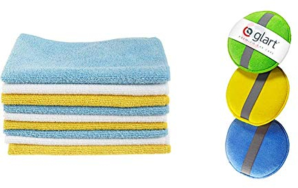Amazon Basics Microfibre Cleaning Cloths Pack of 12 & Glart 43PP microfibre hand polishing sponge set of 3, 130x25 mm, wax applicator pad for waxes, polishes, paint cleaner, car polish