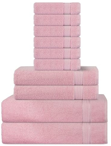 Sweet Needle Ensemble de Serviettes en Coton Super Doux 600 g/m, Rose - 2 Serviettes de Bain, 2 Mains et 6 Lavage/Visage - Accessoires de Salle de Bain, Douche et Usage Quotidien