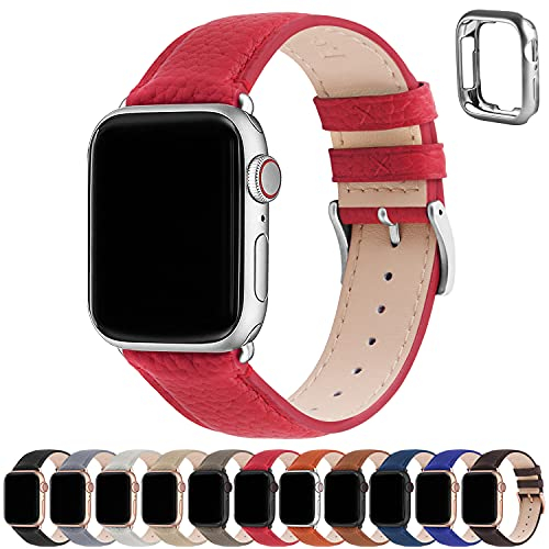 Fullmosa Lederarmband Kompatibel mit Apple Watch Armband 44mm 46mm 45mm 42mm 49mm Damen Herren, Leder Band für iwatch Ultra/SE 3 2 1 Series 11 10 9 8 7 6 5 4, Rot+Silberne Schnalle