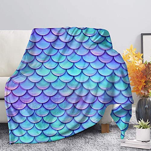 Binienty Flanell-Fleece-Decken für Kinder und Erwachsene, Blau, Meerjungfrau, Fischschuppen-Druck, leicht, gemütlich