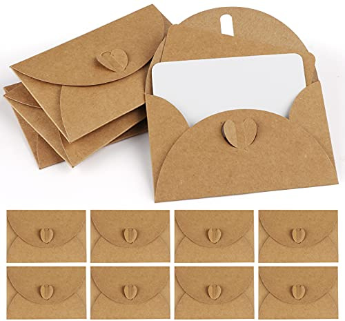 Mocraft Mini Briefumschläge mit Karten, 100 Stück, 50 Weiß und 50 Braun | 240 g/m² Vintage Kraftpapier, Umschläge mit Herzverschluss, Ideal für Einladungen, DIY-Karten und Geldgeschenke