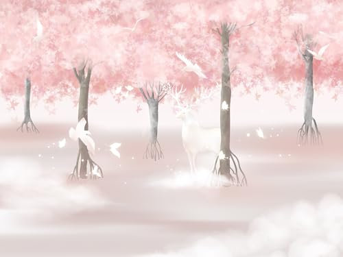 Wesmilewallpaper Papier Peint Panoramique 3D Forêt Rose Des Animaux Wapiti Colombe Nature Paysage Papiers Peints Intissé Poster Mural Tapisserie Murales 350x245cm
