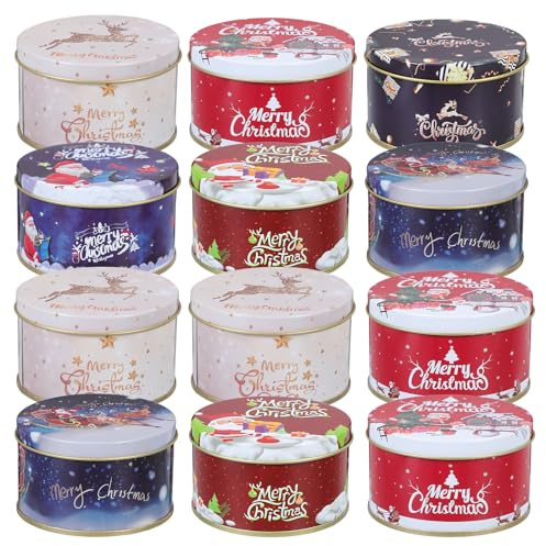 YARNOW Keksdose Weihnachten Metalldose Blechdose Plätzchendose Süßigkeit Cookie Dosen Gebäckdose Vorratsdosen Weihnachtsdose für Weihnachten Party Favor Gastgeschenke 12 Stück Mischfarbe