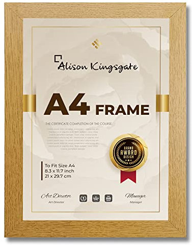 Alison Kingsgate A4 Oak Picture Frame 29.7 x 21cm Use for Photos, Certificates Clear Perspex Sheet & Wall Mounted Hook
