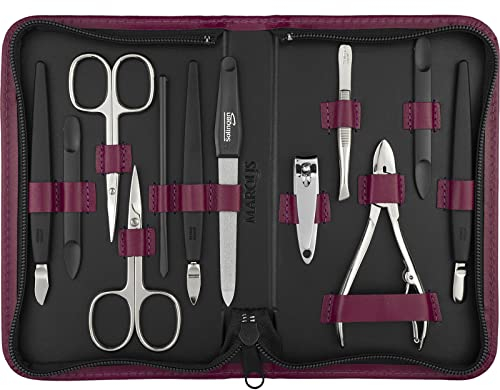 marQus Solingen Mega Maniküre Pediküre Set 12 Teile - Nageletui für Herren und Damen mit allem was man für die Nagelpflege braucht, in hochwertigem Echt-Leder Etui, Fuchsia