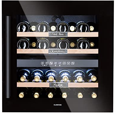 KLARSTEIN Cantinetta Vino Design, Cantinetta Vino Refrigerata a Zona Doppia per Vino Rosso, Bianco e Birra, Controlli Touch, Frigo Vino Cantinetta per Esterno/Interno, 5-22°C, 85L, 36 Bottiglie