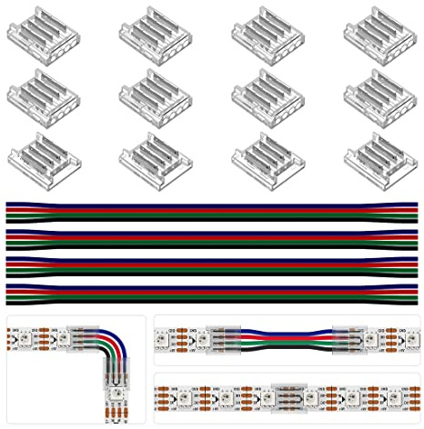 BTF-LIGHTING 4pin SMD 10mm Transparent Connector Kit 16 Stück | 12 transparente Verbinder + 4 Kabel 15cm/20AWG, Für Draht-zu-Board/Board-zu-Board, spaltfreies Löten & 4pin Eckenanschluss