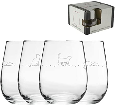 Lot de 4 verres à vin sans pied avec motif chat gravé au laser 360 ml, cadeau pour maman, grand-mère, fête des mères, anniversaire