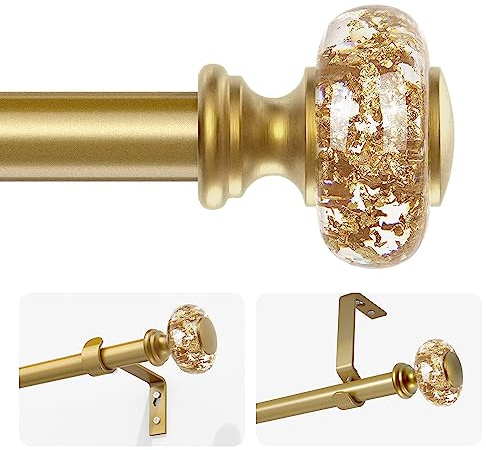 Gold Curtain Rods for Windows 32-72 Inch: 1 Inch Adjustable Acrylic Drapery Rod with Translucent Gold Foil Finials- Single Decorative Curtain Rod for Bedroom & Bathroom