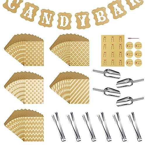 71PCS Candy Bar Accesorios Set,Contiene 50 Bolsas de Candy Bar,10 Pegatinas,6 Pieza Pinzas de Candy,4 Cucharas,1Candy Bar Banner para caramelo, bar, boda, fiesta, cumpleaños,barbacoa