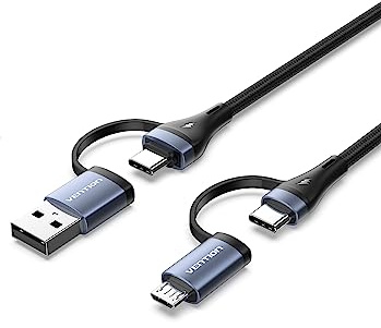 VENTION USB C Multi USB Kabel 1,5m, 4 in 1 Nylon Geflochtenes Schnellladekabel PD 100W, USB A/USB C auf USB C/Micro USB, für iPad/Galaxy/Android Handys