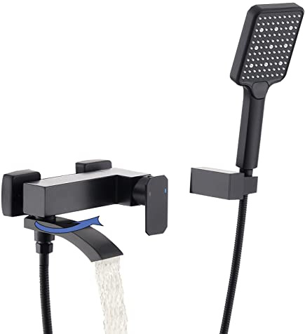 BEIYI Wall Mount Tub Faucet with 3 Functions Handheld Sprayer, Matte Black Bathtub Shower Faucets with Lengthened Folding Spout