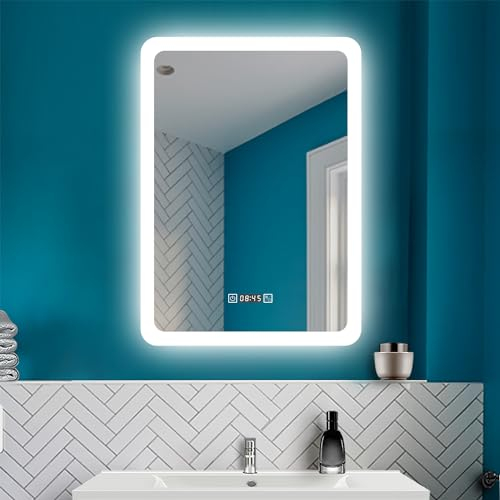 HAPAOSO LED Spiegel mit 3 Lichtfarbe Dimmbar Badspiegel mit Beschlagfrei Badzimmerspiegel Wandspiegel mit Uhr Speicherfunktion Vertikal Installation CRI 90+