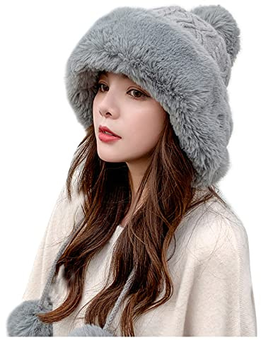 AMhomely Wintermütze für Damen, Strickmütze, Ohrenklappen, Slouchy Beanie, Damen, russische Wintermütze, Kunstfell, Bommelmütze, Mützen mit Bommel, Bombermütze, Uschanka, weiblicher Trapperhut mit