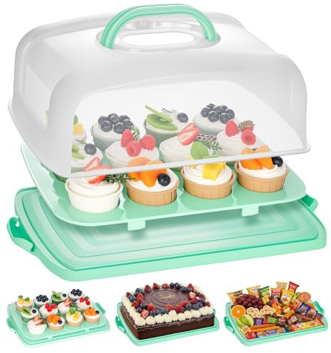 VGOODALL Cake Carrier with Lid and Handle, 12 Capacity Cupcake Holder for Muffin Pies Candies Fruits Snacks Desserts, Perfect for 14×10×4.5 Sheet Cakes, Dishwasher Safe