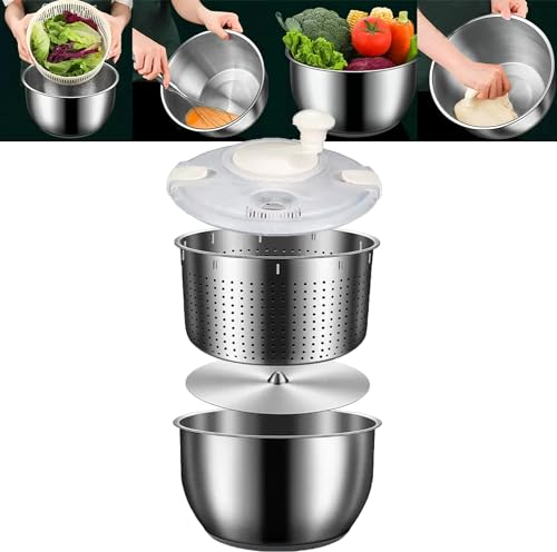 COYEUX 6-Liter-Salatschleuder aus Edelstahl, Mehrzweck-Salatschleuder zum Waschen, Schleudern und Trocknen, mit Schüssel und PP-Deckel, für Obstwaschmaschine, Nudel- und Pommes-Schleuder