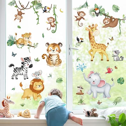 decalmile Fensterbilder Kinderzimmer Fensteraufkleber Waldtiere Fenster Abziehbilder Tiere Affe Löwe Fenstersticker Glas Wiederverwendbar Fensterdeko