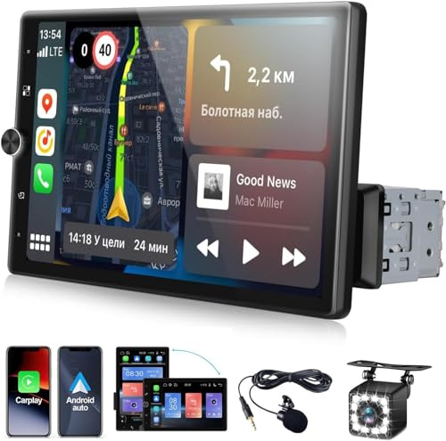SIXWIN 1 Din Wired Carplay/Android Auto Autoradio mit Manuell Drehbarer Bildschirm, 10.4 Zoll Touchscreen Autoradio Bluetooth mit FM/RDS EQ Mirror Link(Android/IOS)+Rückfahrkamera