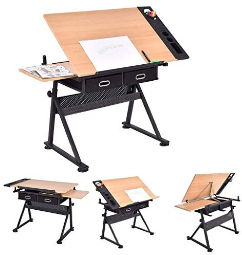 KOHARA Zeichentisch, Zeichentisch mit Stauraum, höhenverstellbarer, neigbarer Kunsttisch, Zeichentisch aus Ahornplatte, für Arbeits-, Studien-, Mal- und Basteltisch