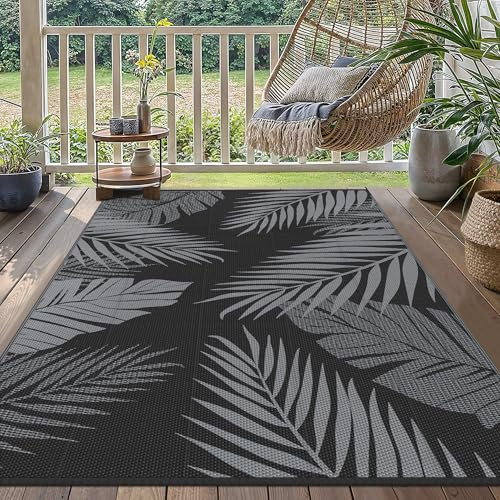 GENIMO Tapis Exterieur Resistant Pluie,Reversible Recyclable Résistant aux UV Tapis Extérieur Terrasse, Tapis Plastique Exterieur pour Balcon, Jardin, Camping, Barbecue, 150x240cm, Noir & Gris