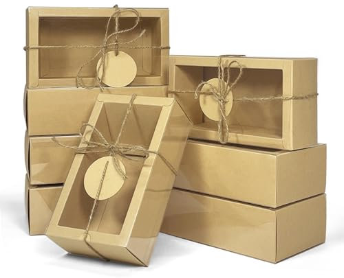 30 Stück Kartons aus Kraftpapier Schubladenbox, 16 x 9 x 5.5 cm, kleine Geschenkboxen mit Fenster, selbstgemachte Seifenschachtel mit leeren Etiketten und Juteschnur, Bastelboxen für Partygeschenke