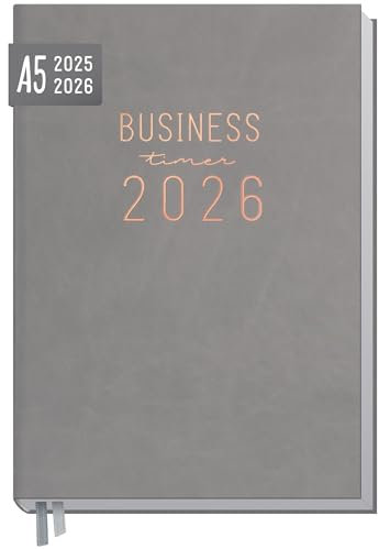 Häfft® Business-Timer Terminplaner 2025/2026 A5 Taschenkalender mit Kunstleder-Einband für 18 Monate: Juli 2025 bis Dez. 2026 Grau-Rosé - nachhaltig & klimafreundlich