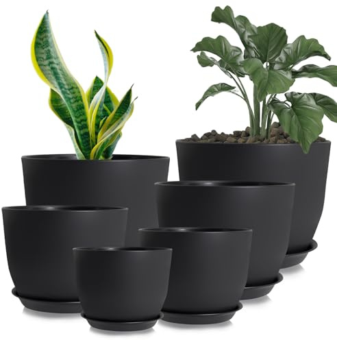 Lighterday 17.5/16/14/13/11.5/10CM Plant Pots Indoor 6 Pcs Flower Pot Plant Pots Indoor Outdoor Plastic Plant Pot with Drainage Holes and Tray for House Plant Flower (Black)