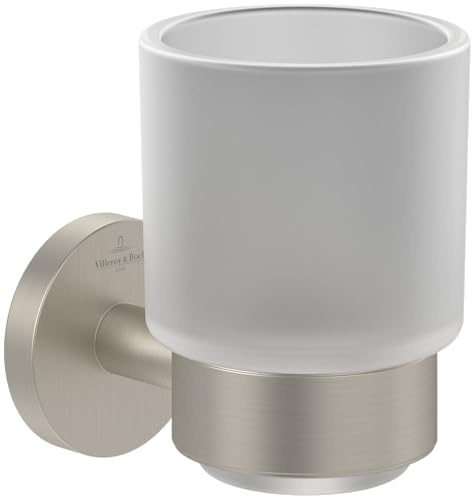 Villeroy & Boch Elements Tender - Soporte para cepillos de Dientes para Montaje en Pared, Vaso de Cristal Satinado con Soporte de Zinc, Redondo, níquel Cepillado Mate