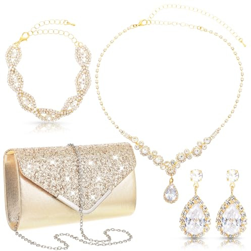 Yolev Bridal Wedding Jewelry Set Gold Clutch Purse Bag Evening Bag Rhinestone Jewelry Set Include Bracelet Earrings Necklace for Brides Bridesmaid