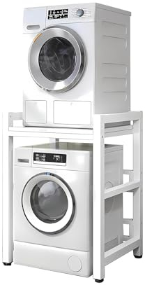 Drum Washing Machine Storage Rack, Height Adjustable Dryer Stnd - Stacking Kit with 600KG Load Capcity - Over Waher Storage Rack for Front Loader Wasing Machines Tumble Dryers (White Frame+White)