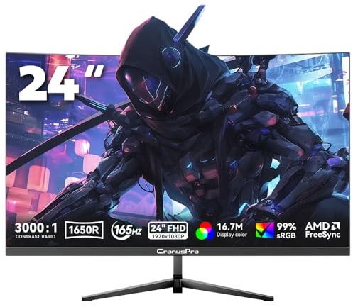 CronusPro Monitor Gaming Curvo 24 Pollici, 165 Hz, Full HD 1920 x 1080, 1650R, 1 ms, HDMI/DP, sRGB 99%, AMD FreeSync, HDR10, Schermo PC Gaming Antiriflesso, Flicker Safe, Monitor per Computer Nero