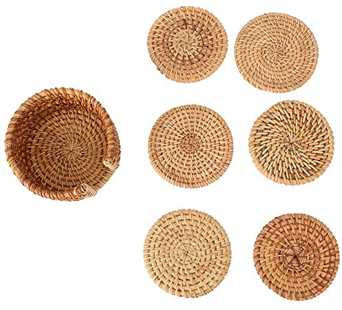 Ejoyous Ensemble de sous-Traits de Rotin Vintage - Tasse de Rotin Tasse de Rond de à Main en sous-Verres, Montagnes Russes à la Chaleur, pour Le café au thé, Stockage Portable, Multiples Usage