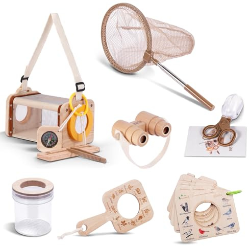 Kit acchiappa-Insetti in Legno per Bambini, 11 Pezzi Set da Esploratore con retino per Farfalle, Lente d'Ingrandimento, Habitat per Insetti, binocolo, Bussola, per Cortile e Campeggio