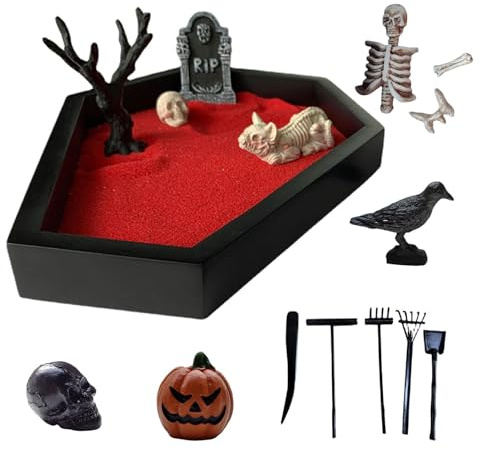 Zen Garden Desk, Gothic Zen Garden Kit, Coffin Sand Decoration for Halloween, Scary Microfindscape Display for Home Indoors, Creepy Relaxation Jewellery