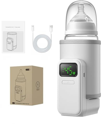 Calentador de botellas portátil, calentamiento rápido y uniforme con 6 velocidades de temperatura y pantalla digital, funda recargable para calentar la leche, mantiene el calor para leche materna