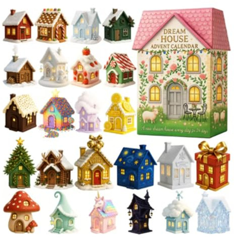 Dreams House Adventskalender 2025, 2D Acryl Märchen Urlaub Countdown Kalender Weihnachtsdorf Lebkuchenhaus Dekorationen Hängende Weihnachtsbaum Ornamente Winter Urlaub Dekor