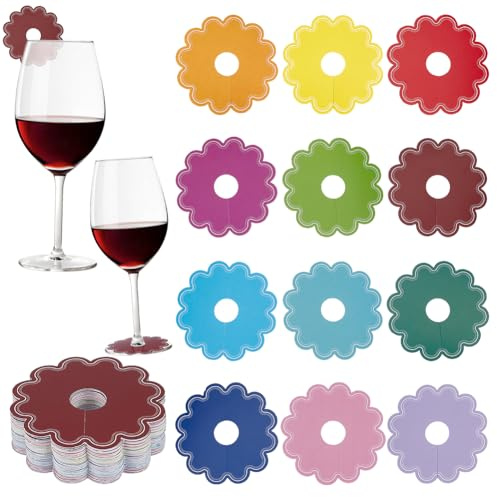 FINGERINSPIRE 120PCS Flower Paper Wine Glass Charms 67mm Diameter Flower Shape Drink Markers 12 Colors Wine Glass Name Tags for Glasses Party Wedding Reception Beverage Identification