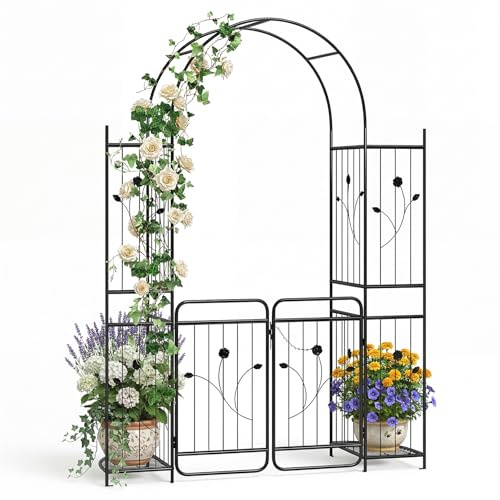 GYMAX Arche Jardin en Métal 220cm avec & 2 Étagères pour Plantes Grimpantes, Arche Treillis Décorée de Fleurs & Feuilles, Arcade d'Extérieur pour Pelouse, Patio et Mariage