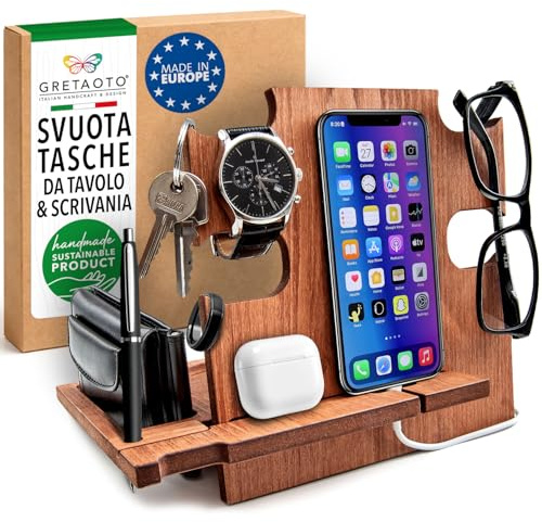 Svuota Tasche da Ingresso Organizer Scrivania Idee Regalo Uomo Anniversario Compleanno Papà Porta Orologi e Cellulare Tavolo e Comodino Artigianale in Legno Made in Europe (Marrone)