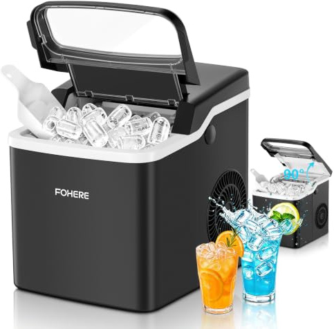 FOHERE Machine à Glaçons 14KG/24H, 9 Glaçons en 5 Min, Auto-Nettoyage | Couvercle Ouvrable à 90°, 2 Tailles de Glaçons, pour Maison, Cuisine, Camping, avec Panier et Pelle à Glaçons