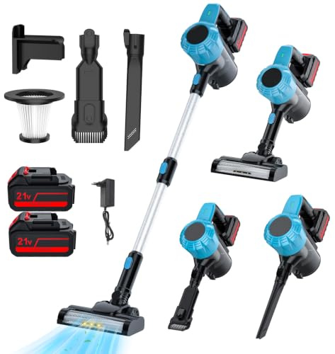 Aspirateur Balai Sans Fil avec 2 Batterie,0.8L 16KPa Aspirateur Balai | LED Lampe,65Min D'Autonomie,2 Vitesses,1500mAh Aspirateur Vertical Filtre HEPA pour Poils D’Animaux,Tapis,Sols