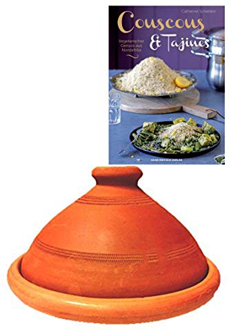 Tajine original aus Marokko, inklusive Kochbuch Vegetarischer Genuss aus Nordafrika, Tontopf zum Kochen, Tuareg Ø 30cm, für 4-5 Personen, handgetöpfert aus Marrakesch, unglasiert, frei von Schadstoffe