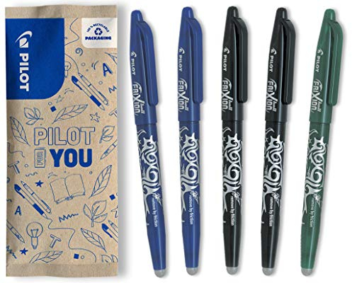PILOT FriXion Ball 0.7 Set – 5 Stück – 2x Blau/Schwarz, 1x Grün – Radierbare Tintenroller 0,4mm Strichstärke, angenehme Schreibführung zum Schreibenlernen, thermosensitive Tinte, austauschbare Mine