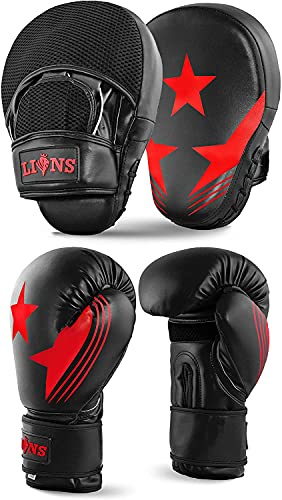 Lions Boxing Gloves and Pads - Hook & Jab Mitts Sparring Gloves Set Mma Punch Bag Training Kit (Max-Star Red, 10oz)