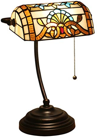 Yjmgrowing Tiffany-Stil Tischlampe Banker 15,3 Zoll groß Europäische Retro Bank Lampe Buntglas Lampshade für Couchtisch Arbeitstisch Kommode Bücherregal Wohnzimmer Beleuchtung,220V,E27 (27 × 39 cm)
