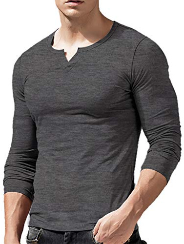 Hombres Ajustado Manga Larga Henley Camiseta Casual Cuello Pico Camisetas Algodón